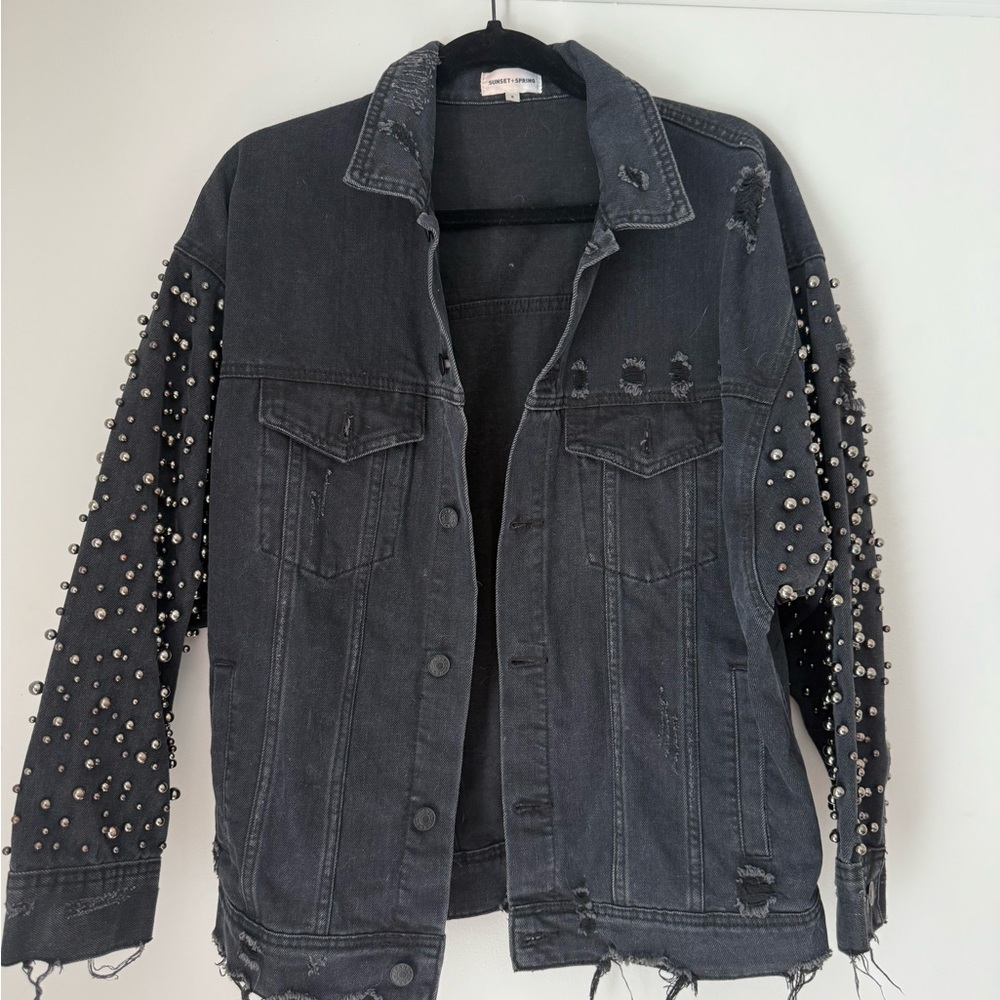 Bloomingdale's Distressed Black Studded Jean Jacket